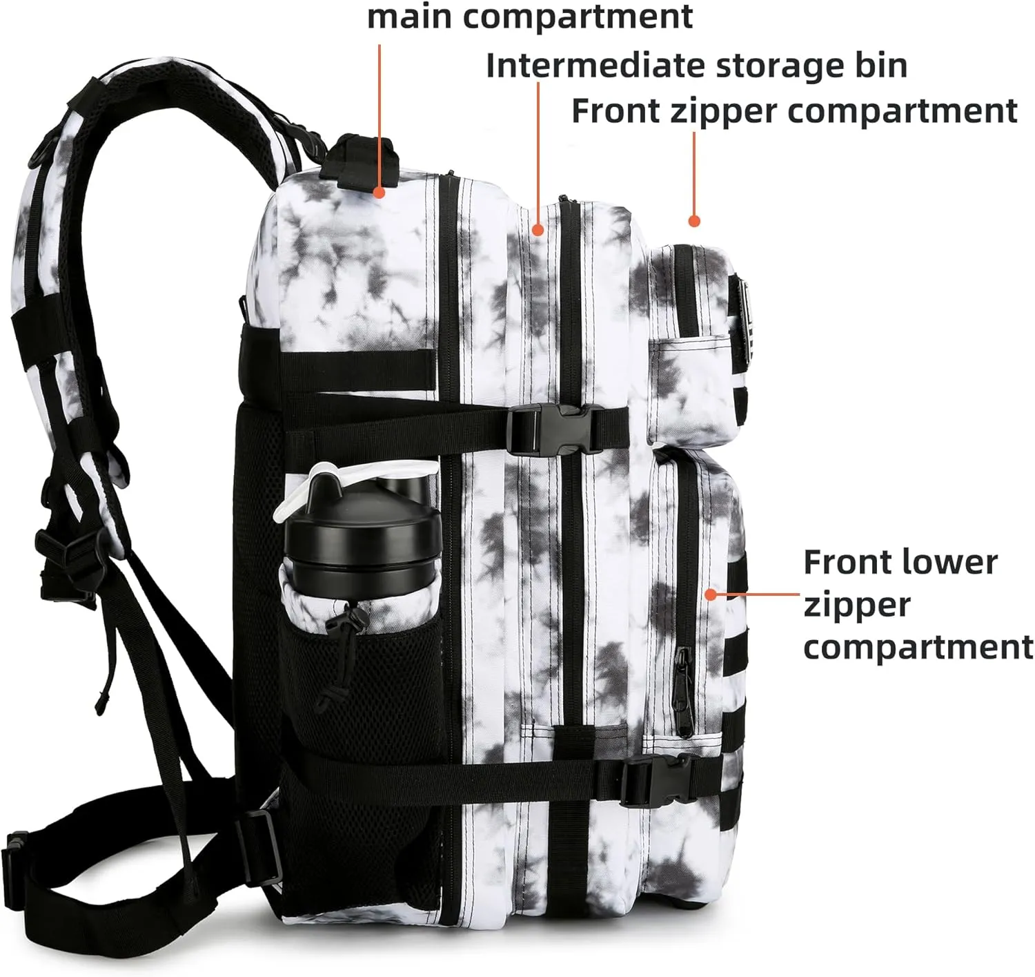 45L Tactical Assault Backpack 3 day assault pack with Molle Waterproof backpack Rucksack for Tactical Backpacks (BlackWhite Camo)