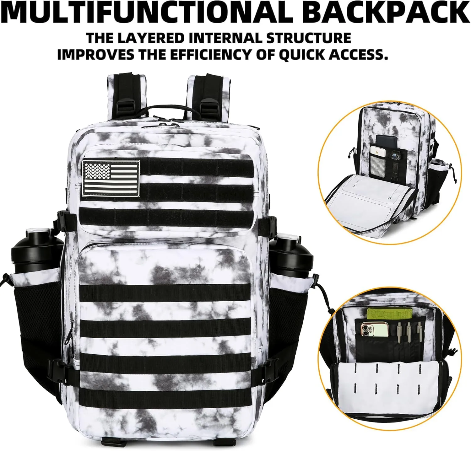 45L Tactical Assault Backpack 3 day assault pack with Molle Waterproof backpack Rucksack for Tactical Backpacks (BlackWhite Camo)