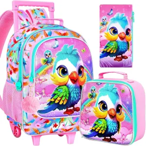 4PCS Rolling Backpack for Girls, Kids Roller School Bookbag with Lunch Bag, Water Resistant Wheeled Backpacks for Teens Elementary Trave