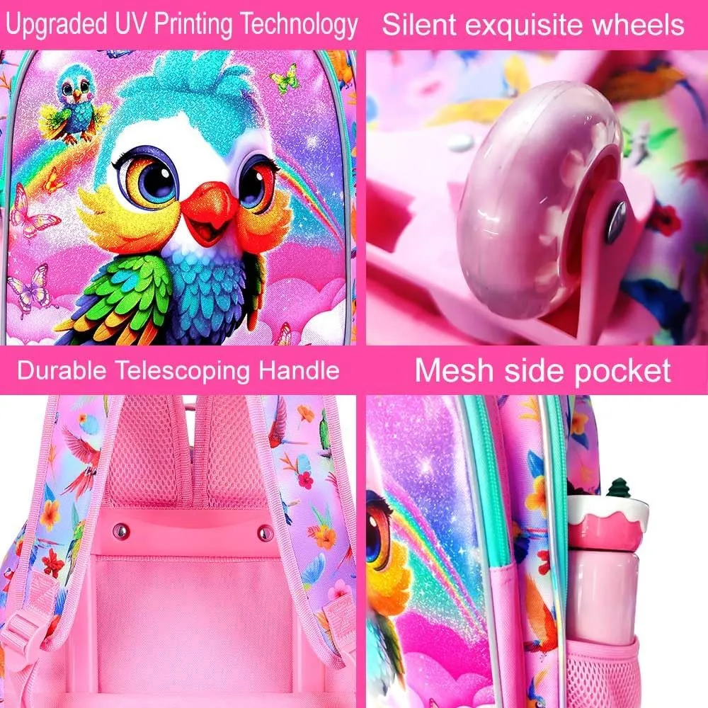 4PCS Rolling Backpack for Girls, Kids Roller School Bookbag with Lunch Bag, Water Resistant Wheeled Backpacks for Teens Elementary Trave