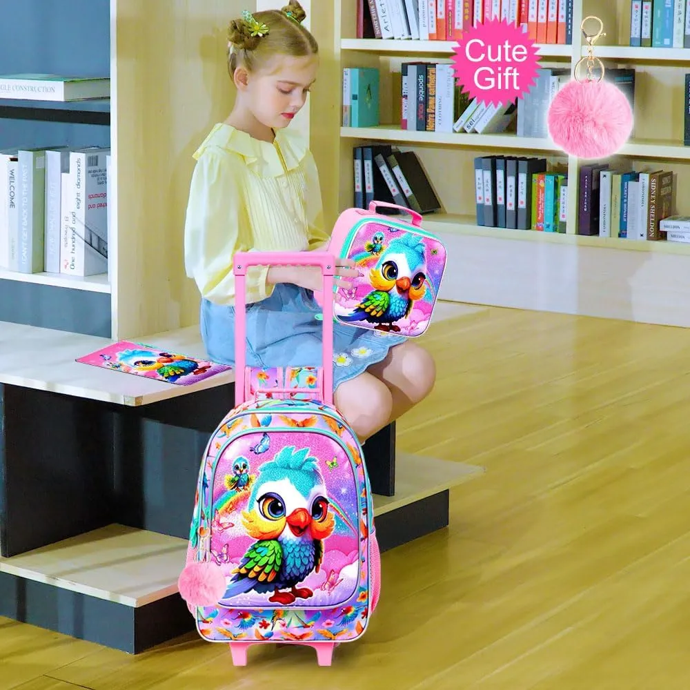 4PCS Rolling Backpack for Girls, Kids Roller School Bookbag with Lunch Bag, Water Resistant Wheeled Backpacks for Teens Elementary Trave