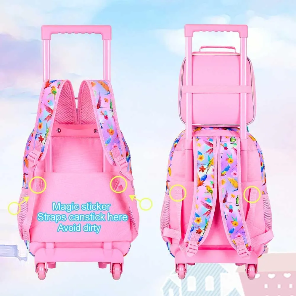 4PCS Rolling Backpack for Girls, Kids Roller School Bookbag with Lunch Bag, Water Resistant Wheeled Backpacks for Teens Elementary Trave
