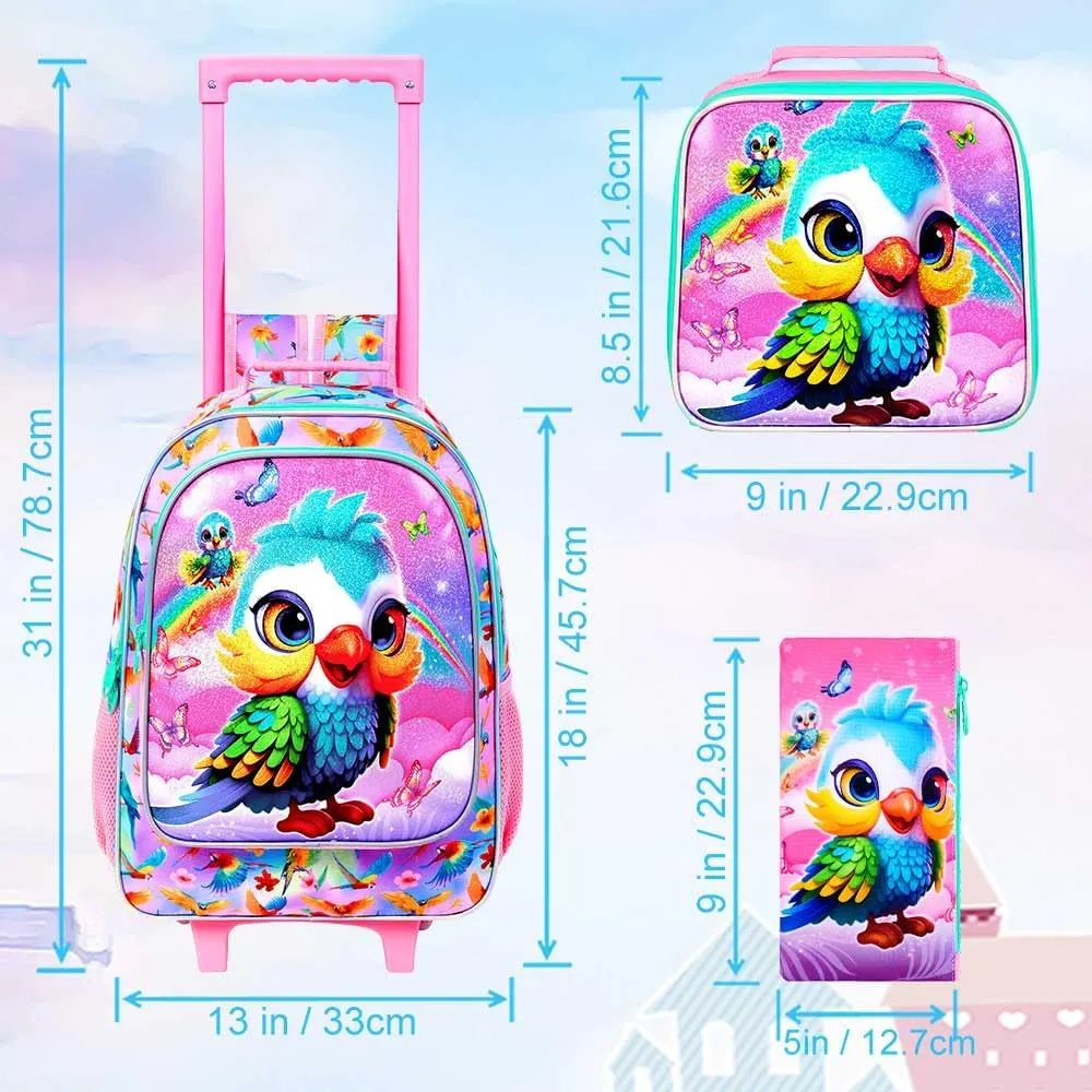 4PCS Rolling Backpack for Girls, Kids Roller School Bookbag with Lunch Bag, Water Resistant Wheeled Backpacks for Teens Elementary Trave