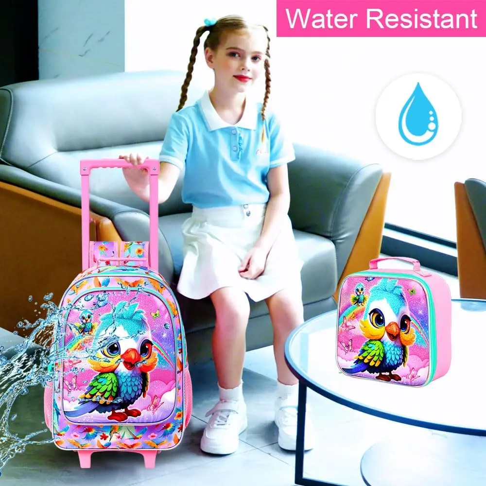 4PCS Rolling Backpack for Girls, Kids Roller School Bookbag with Lunch Bag, Water Resistant Wheeled Backpacks for Teens Elementary Trave