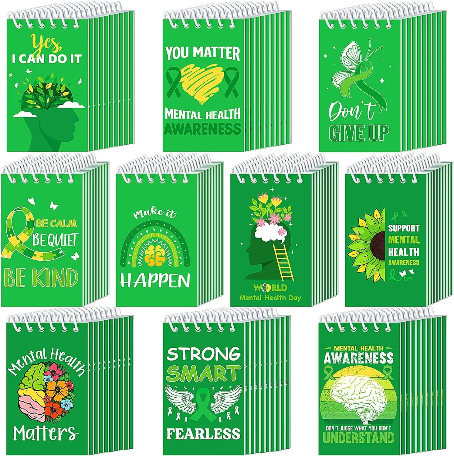 50 Pcs Mini Mental Health Notepads Small Green Ribbon Spiral Pocket Notebooks Bulk Mental Health Awareness Survivor Inspirational Gift for Public Charity Events Office Classroom Favors