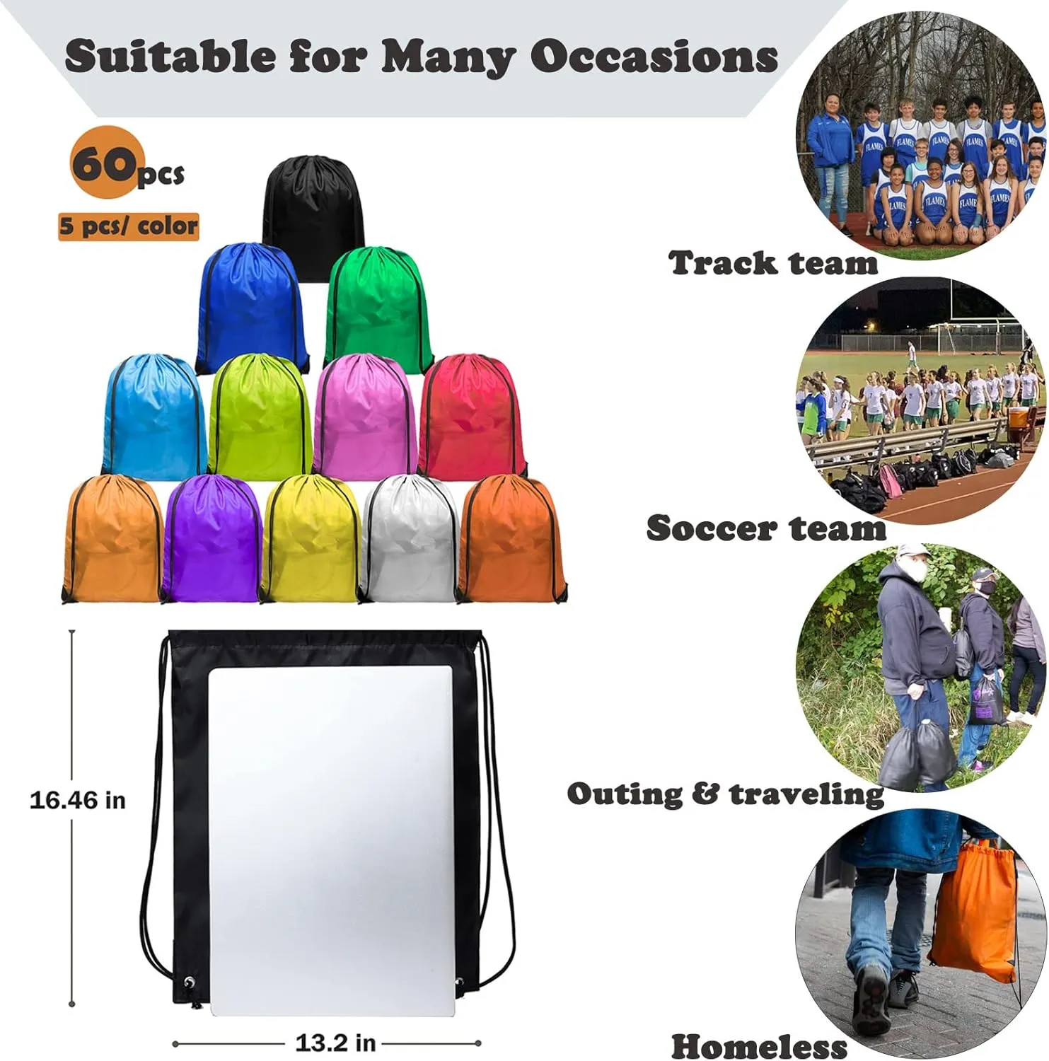 60-pack Drawstring Backpack Lightweight Nylon Draw String Bags in Bulk Gym Cinch Sack Heavy-duty Plain Drawstring Backpack for Sports, Soccer, Track Team, Blessing Bags for Homeless