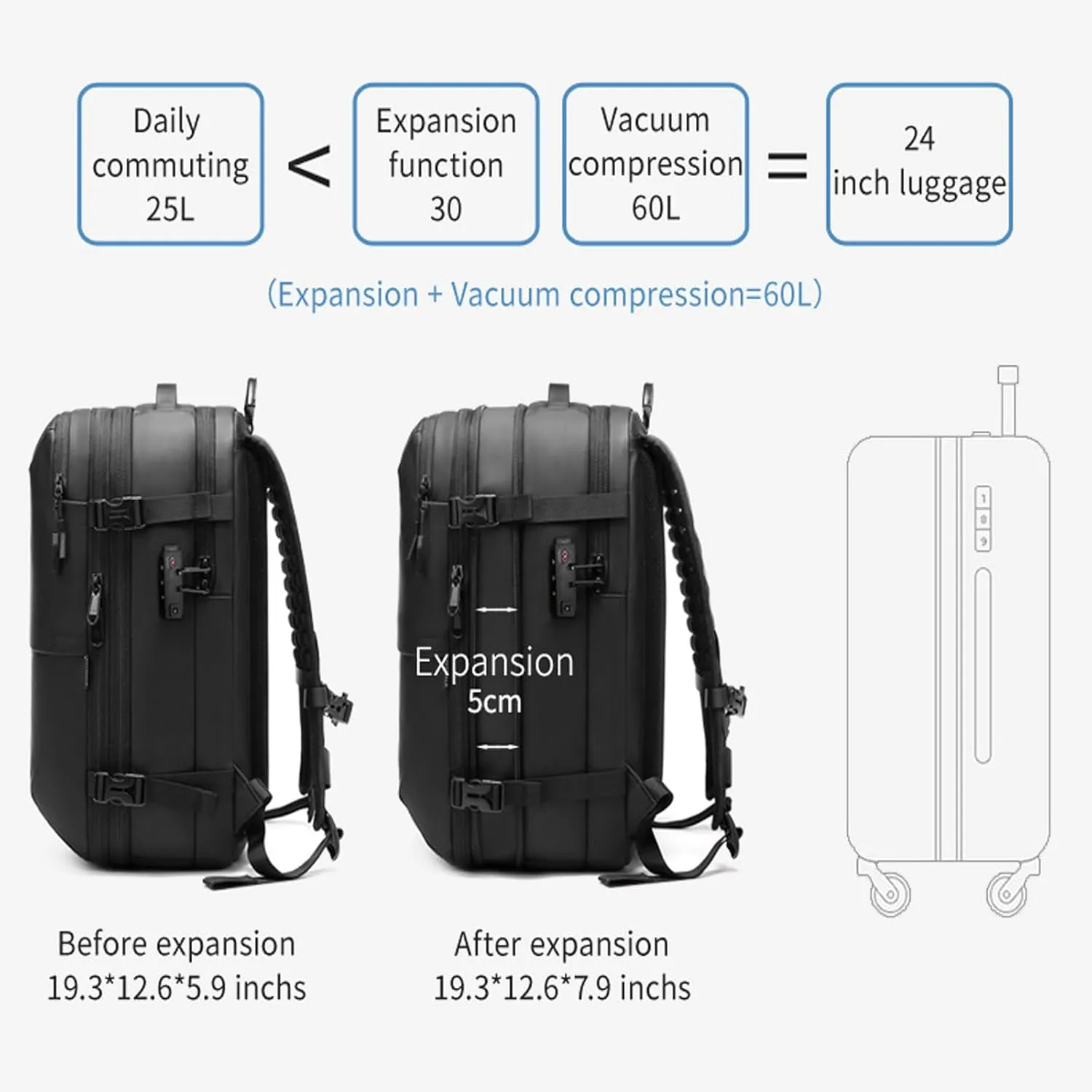 60L Airback Backpacks Expandable Travel Backpack Vacuum Compression Carry on BackPack Anti-theft Waterproof 17inch Laptop Bag