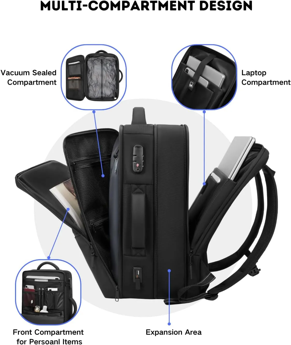 70L Vacuum Backpack for Travel with Pump, Expandable Vacuum Seal Compression Backpack with TSA Lock, Charging Port, fit 19" Laptop, Water Waterproof, for Business Trip, College, Camping