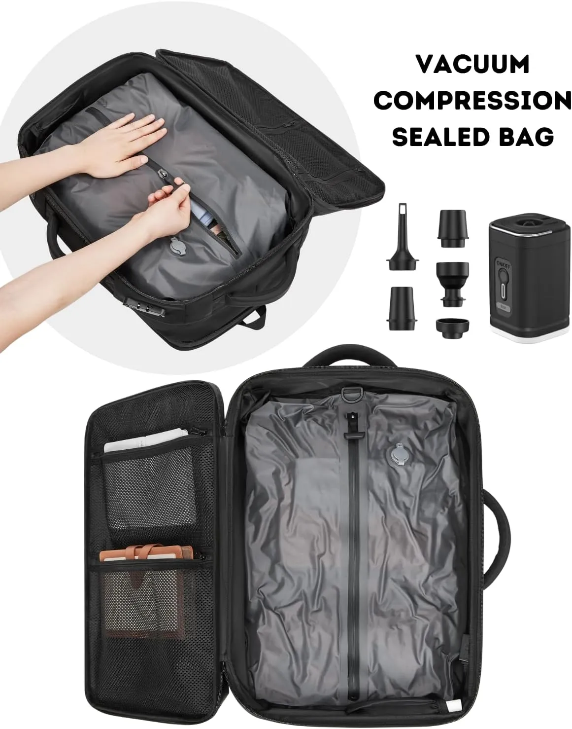 70L Vacuum Backpack for Travel with Pump, Expandable Vacuum Seal Compression Backpack with TSA Lock, Charging Port, fit 19" Laptop, Water Waterproof, for Business Trip, College, Camping