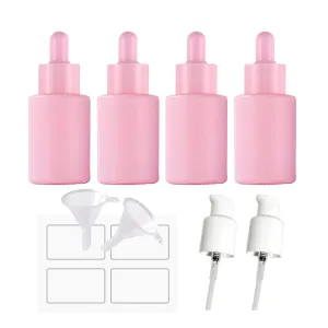 AGENIZ 4 Pack 1oz Glass Dropper Bottle,Pink Glass Dropper Bottles with 2 Funnels & 2 Lotion Pumps,30 ml Eye Dropper Bottles For Essential Oils,Serums,Lotion,Tincture Bottles (B - Pink)