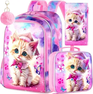 AGSDON 3PCS Backpacks for Girls, 16" Elementary Kids Backpack Preschool School Bookbags and Lunch Box