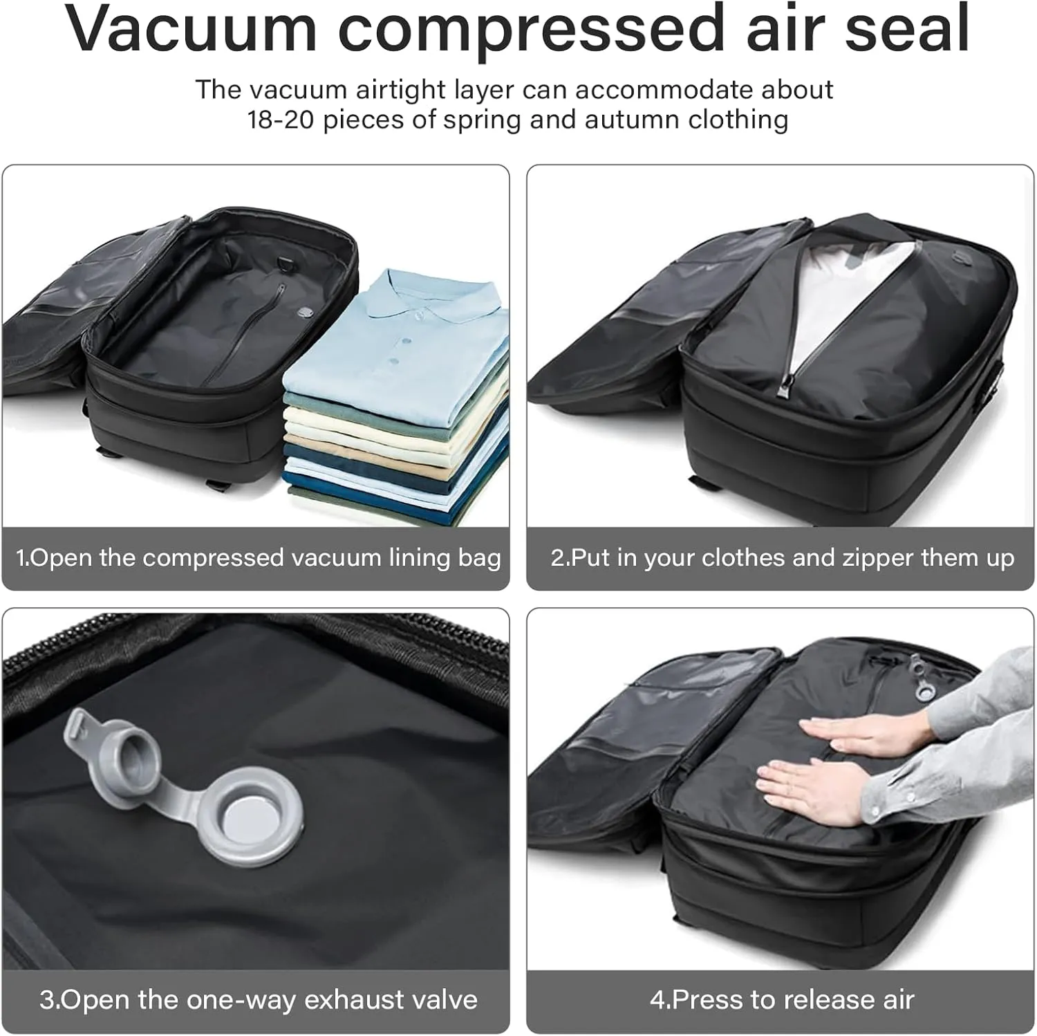 Airback Backpack,60L Expandable Vacuum Backpack Travel with TSA Lock,17.3 inch Laptop Backpacks Vacpack Backpacks with Vacuum(Black,Without Air Pump)