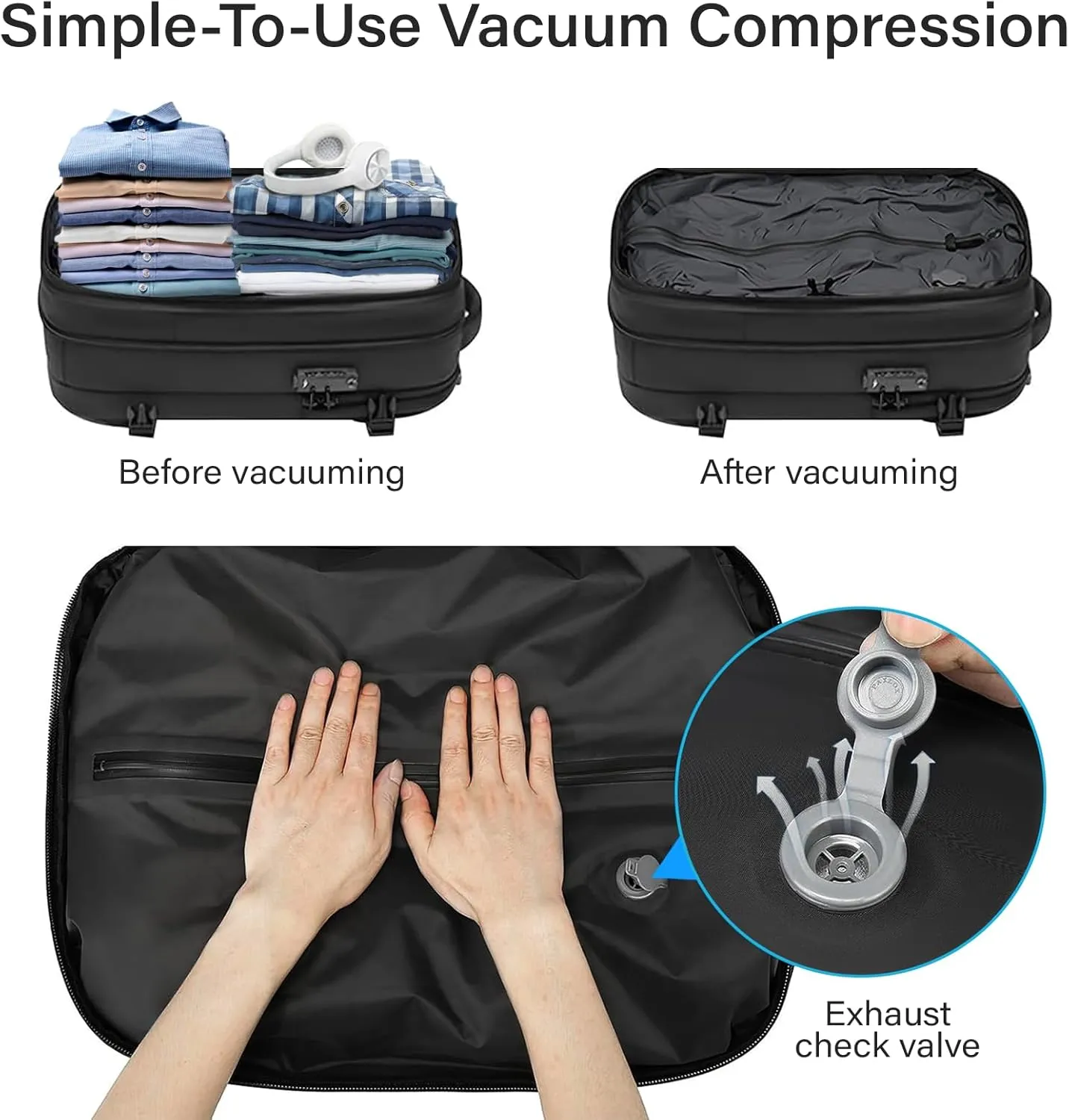 Airback Backpack,60L Expandable Vacuum Backpack Travel with TSA Lock,17.3 inch Laptop Backpacks Vacpack Backpacks with Vacuum(Black,Without Air Pump)