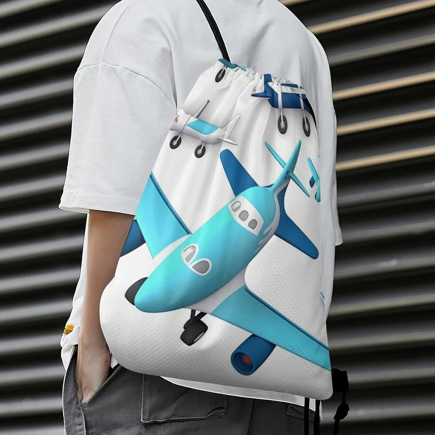 Airplane Drawstring Backpack Travel Sports Drawstring Bags Portable Storage Gym Bag for Men Women