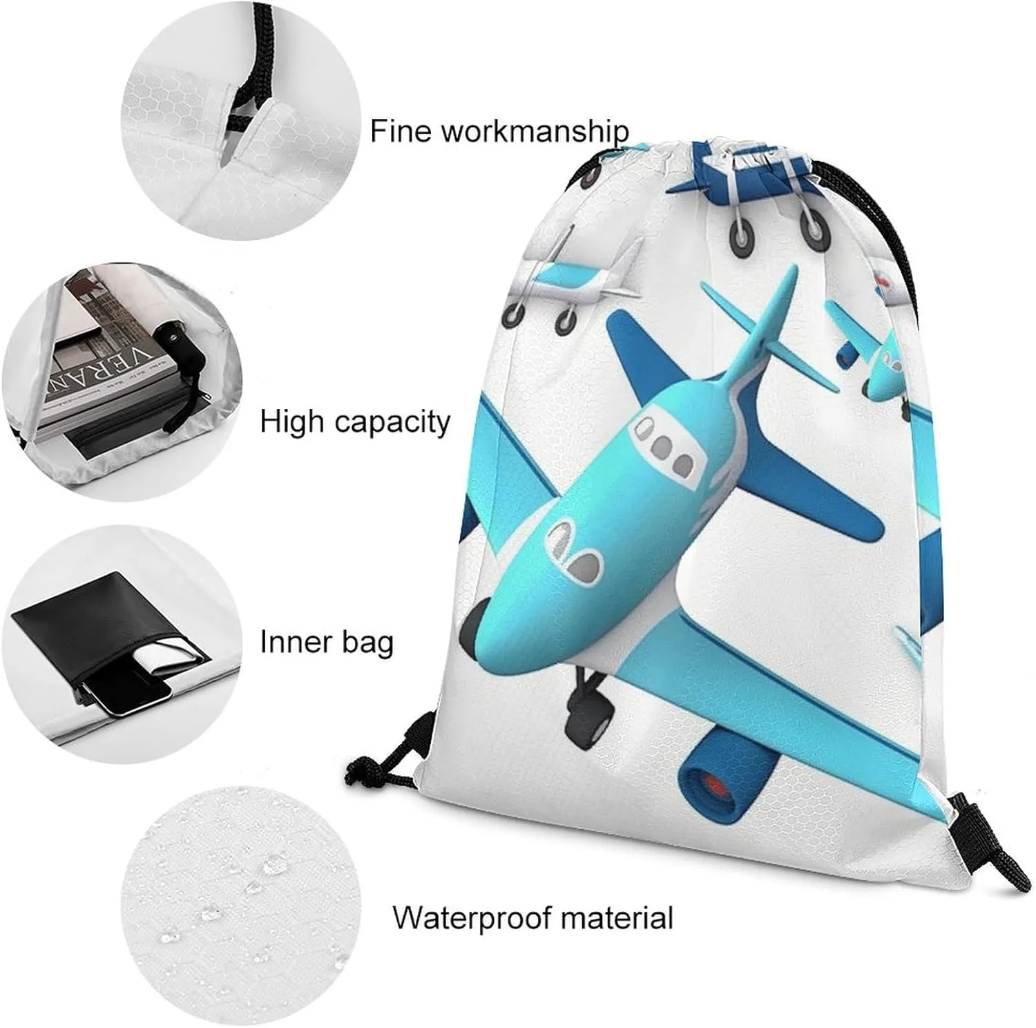 Airplane Drawstring Backpack Travel Sports Drawstring Bags Portable Storage Gym Bag for Men Women