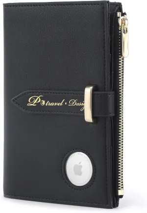 Airtag Passport Holder for Women, RFID Blocking Travel Passport Case with Credit Card Holders, Bifold Air Tag Wallets for Ladies, Slim Thin Leather Passport Wallet with Zipper Pocket, Black