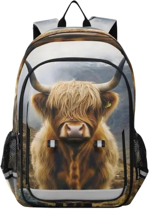 ALAZA Highland Cow Mountains Fog Cattle Laptop Backpack Purse for Women Men School Bag 17 Inch Bookbag Student Boys Girls Travel Casual Daypack