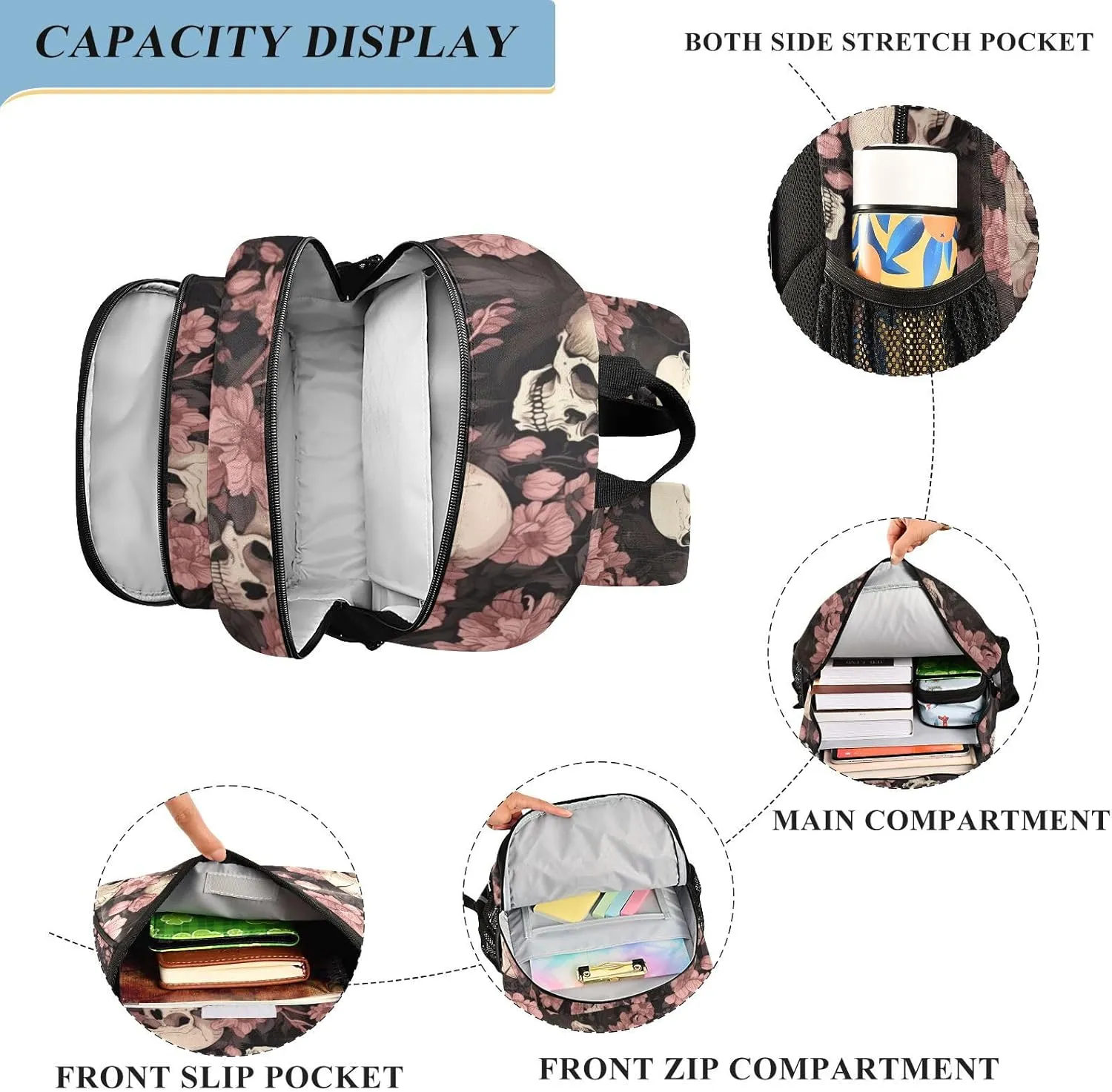 ALAZA Skeleton Skull Pink Flowers School Backpacks Travel Laptop Bag Kids Bookbag for Girls Boys Teens Women Men