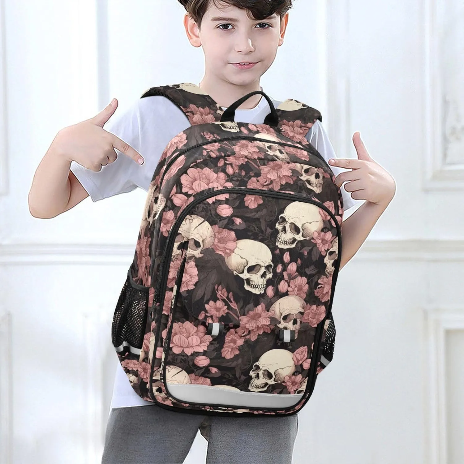 ALAZA Skeleton Skull Pink Flowers School Backpacks Travel Laptop Bag Kids Bookbag for Girls Boys Teens Women Men