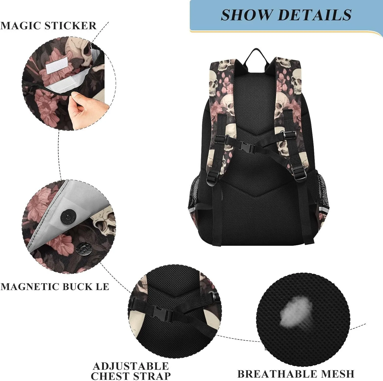 ALAZA Skeleton Skull Pink Flowers School Backpacks Travel Laptop Bag Kids Bookbag for Girls Boys Teens Women Men