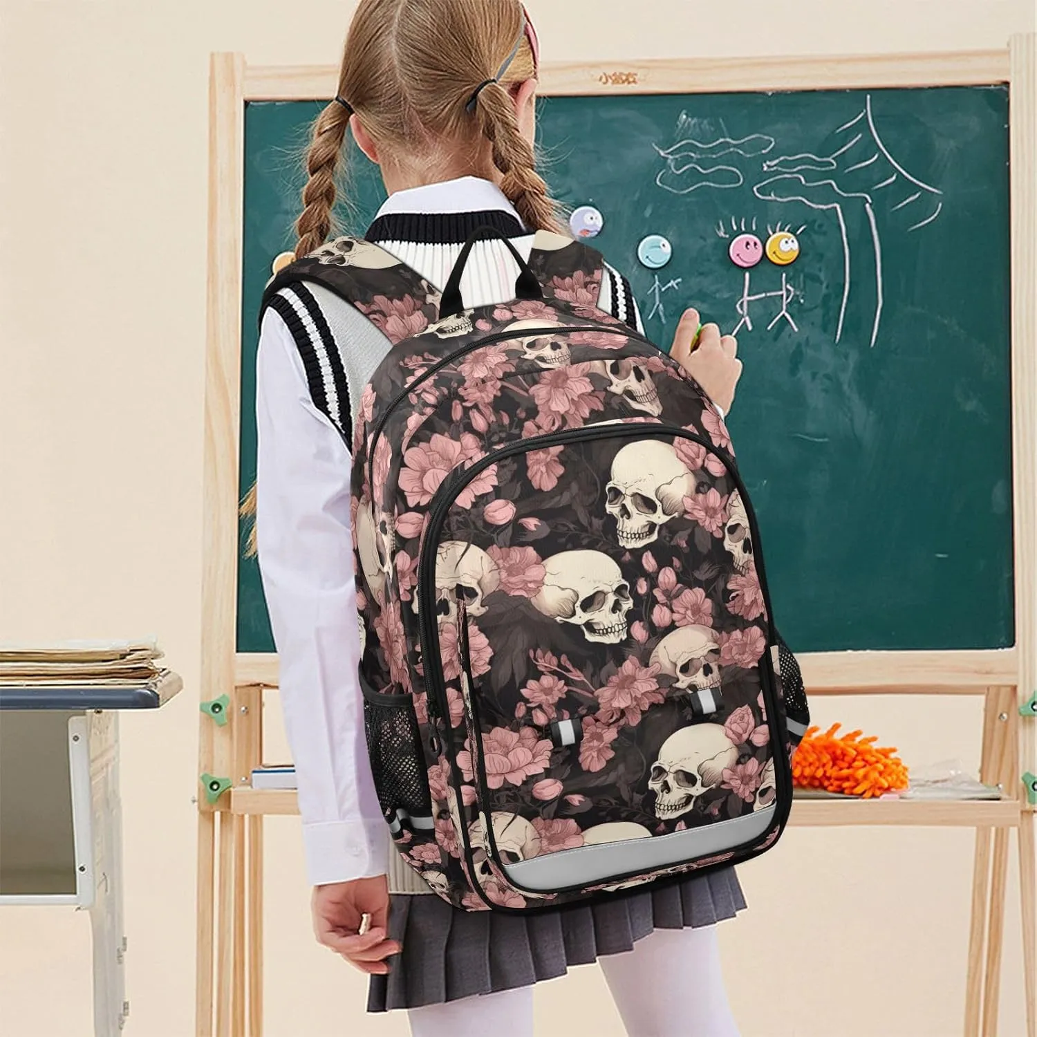 ALAZA Skeleton Skull Pink Flowers School Backpacks Travel Laptop Bag Kids Bookbag for Girls Boys Teens Women Men
