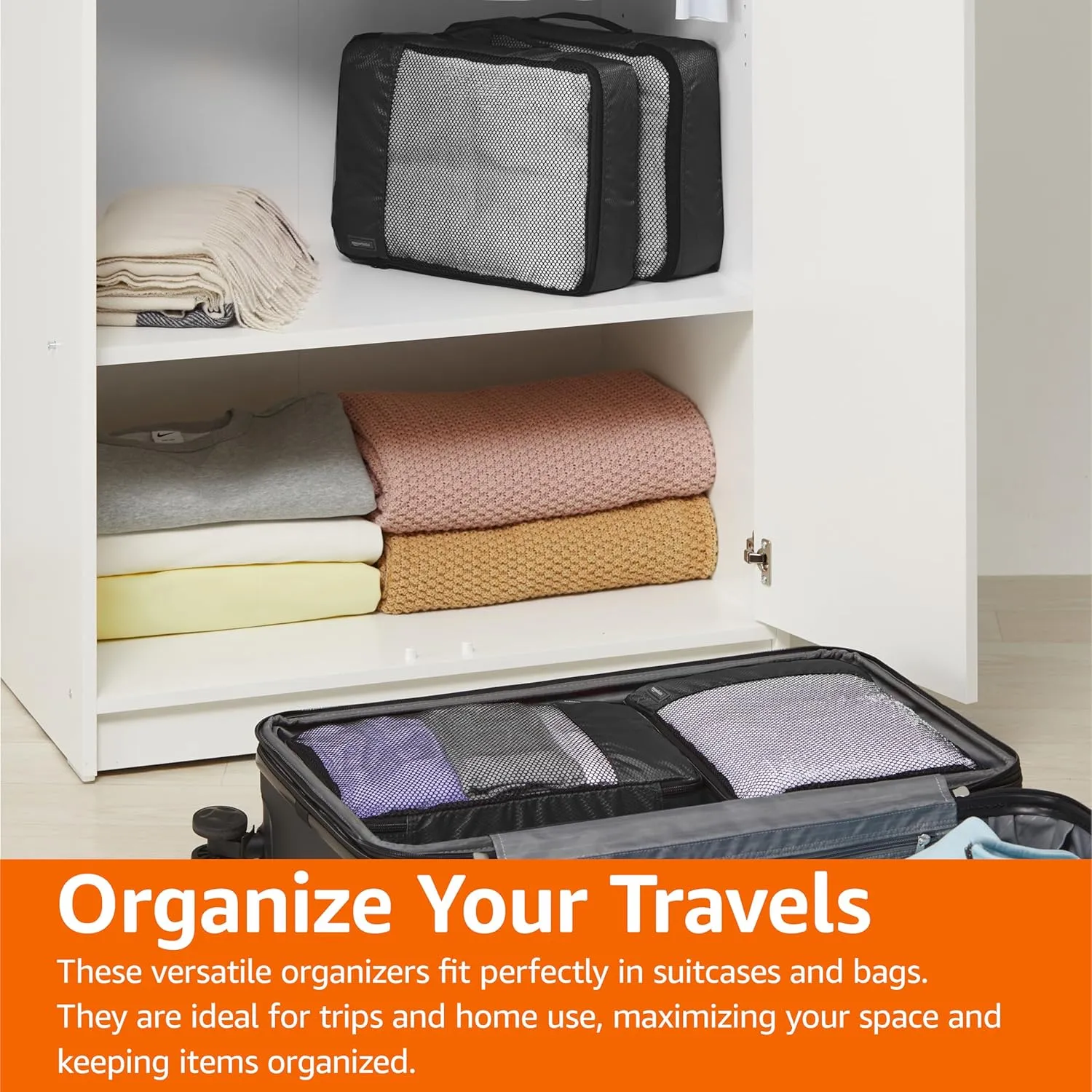 Amazon Basics Medium Packing Cubes for Travel, Packing Organizers, 4-Piece-Set With Double Zipper Pulls and Mesh Top Panel, 100% Durable Polyester, Black, 13.8"L x 9.8"W x 3"H