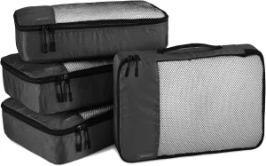 Amazon Basics Medium Packing Cubes for Travel, Packing Organizers, 4-Piece-Set With Double Zipper Pulls and Mesh Top Panel, 100% Durable Polyester, Black, 13.8"L x 9.8"W x 3"H