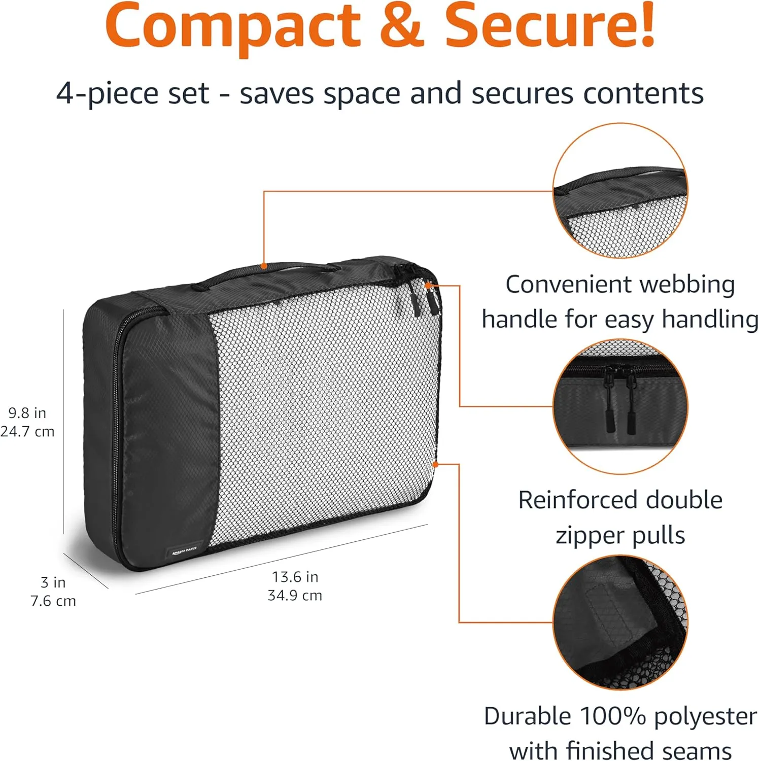 Amazon Basics Medium Packing Cubes for Travel, Packing Organizers, 4-Piece-Set With Double Zipper Pulls and Mesh Top Panel, 100% Durable Polyester, Black, 13.8"L x 9.8"W x 3"H
