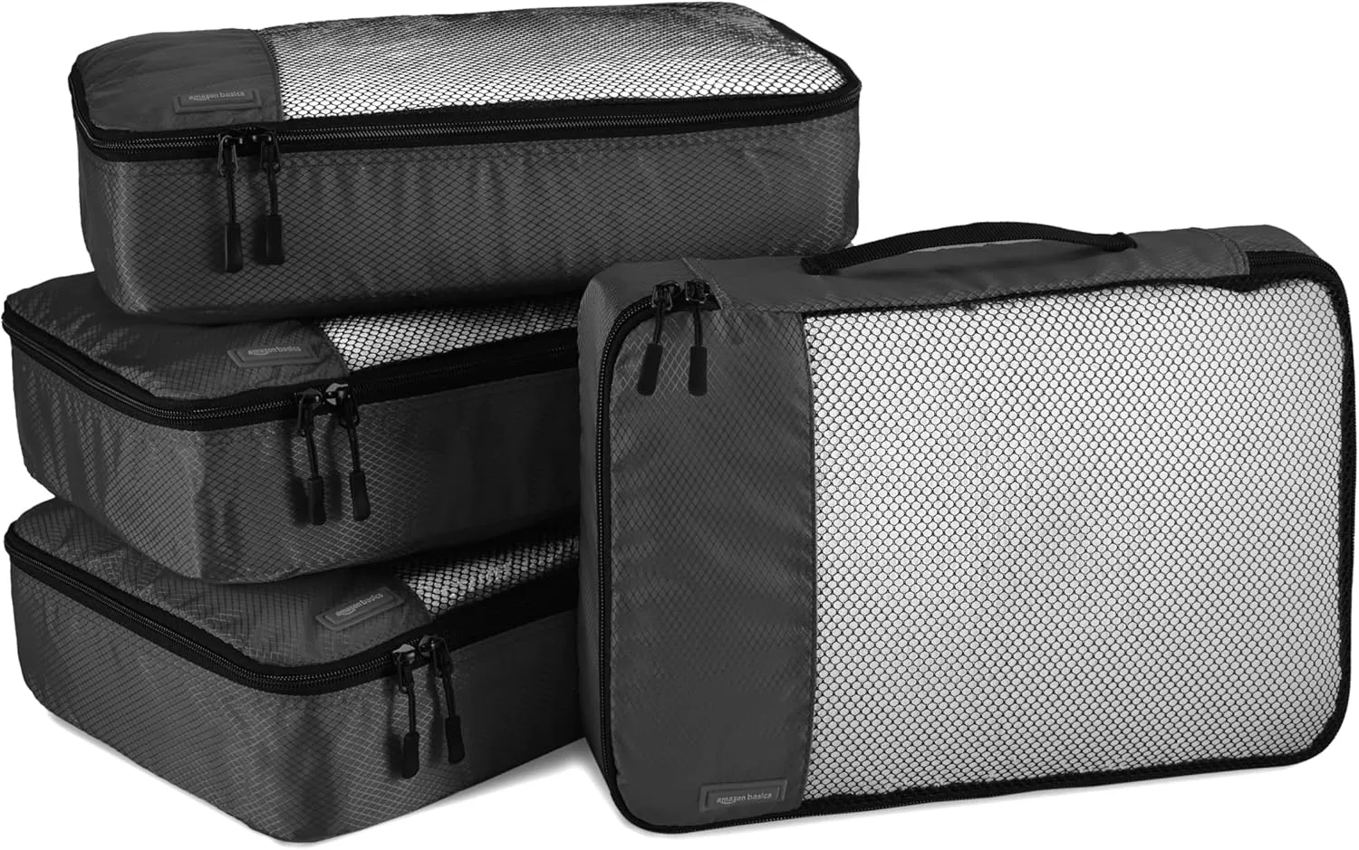 Amazon Basics Medium Packing Cubes for Travel, Packing Organizers, 4-Piece-Set With Double Zipper Pulls and Mesh Top Panel, 100% Durable Polyester, Black, 13.8"L x 9.8"W x 3"H