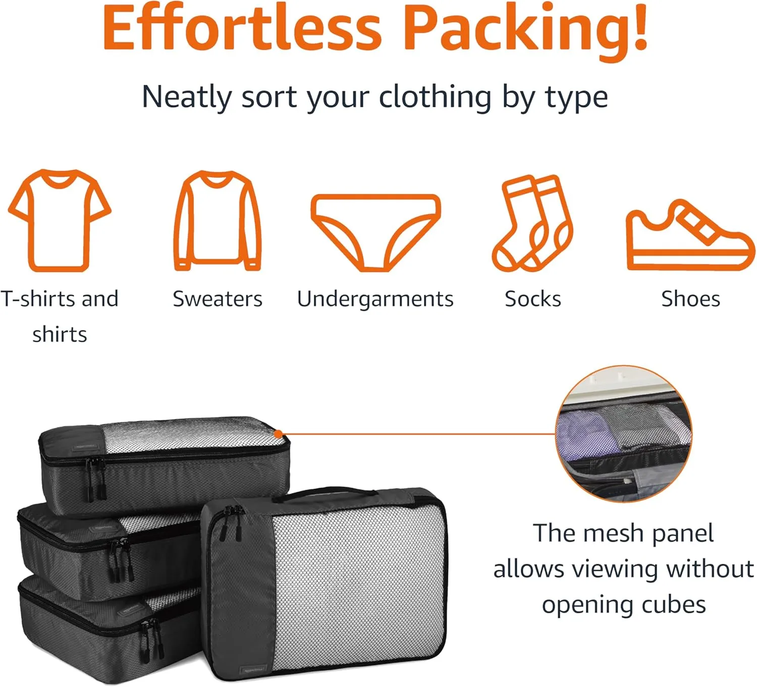 Amazon Basics Medium Packing Cubes for Travel, Packing Organizers, 4-Piece-Set With Double Zipper Pulls and Mesh Top Panel, 100% Durable Polyester, Black, 13.8"L x 9.8"W x 3"H