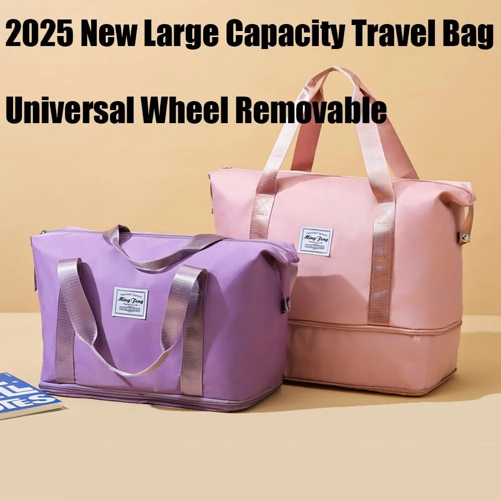 Ambitionous 2025 New Large Capacity Travel Bag - Universal Wheel Removable, Pepepo Travel Bag with Wheels, Foldable Dry Wet Separated Tote Bag with 360 Degrees Silent Universal Wheels (Purple)