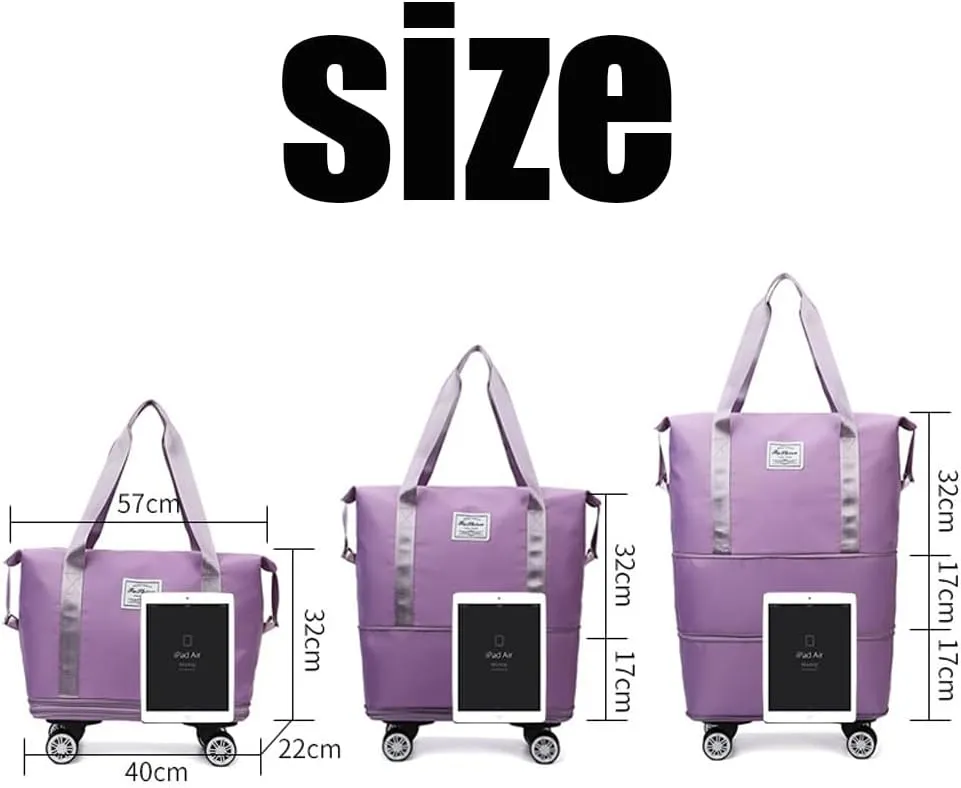 Ambitionous 2025 New Large Capacity Travel Bag - Universal Wheel Removable, Pepepo Travel Bag with Wheels, Foldable Dry Wet Separated Tote Bag with 360 Degrees Silent Universal Wheels (Purple)
