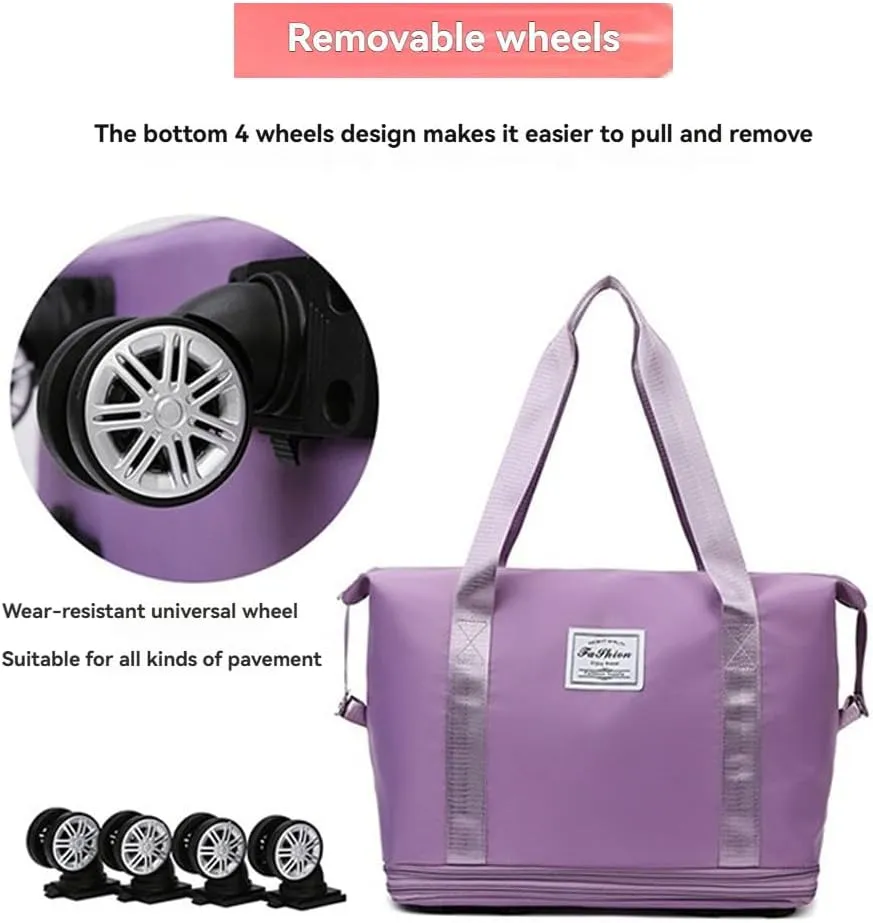 Ambitionous 2025 New Large Capacity Travel Bag - Universal Wheel Removable, Pepepo Travel Bag with Wheels, Foldable Dry Wet Separated Tote Bag with 360 Degrees Silent Universal Wheels (Purple)