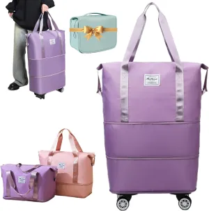 Ambitionous 2025 New Large Capacity Travel Bag - Universal Wheel Removable, Pepepo Travel Bag with Wheels, Foldable Dry Wet Separated Tote Bag with 360 Degrees Silent Universal Wheels (Purple)