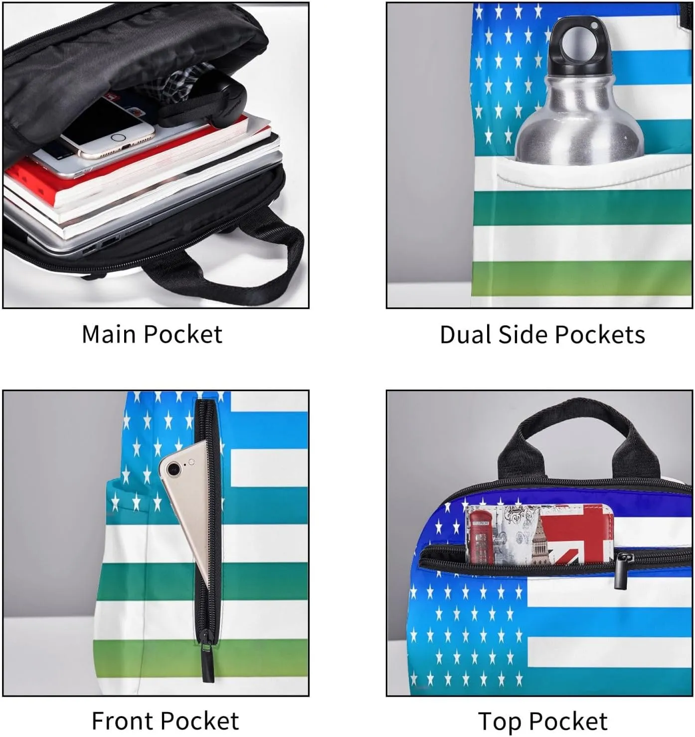 American Flag Blue Green Thin Line Casual Backpacks Laptop Backpack Outdoor Travel Rucksack Sport Carry-On Daypack Lightweight Bag with Multi-Pockets