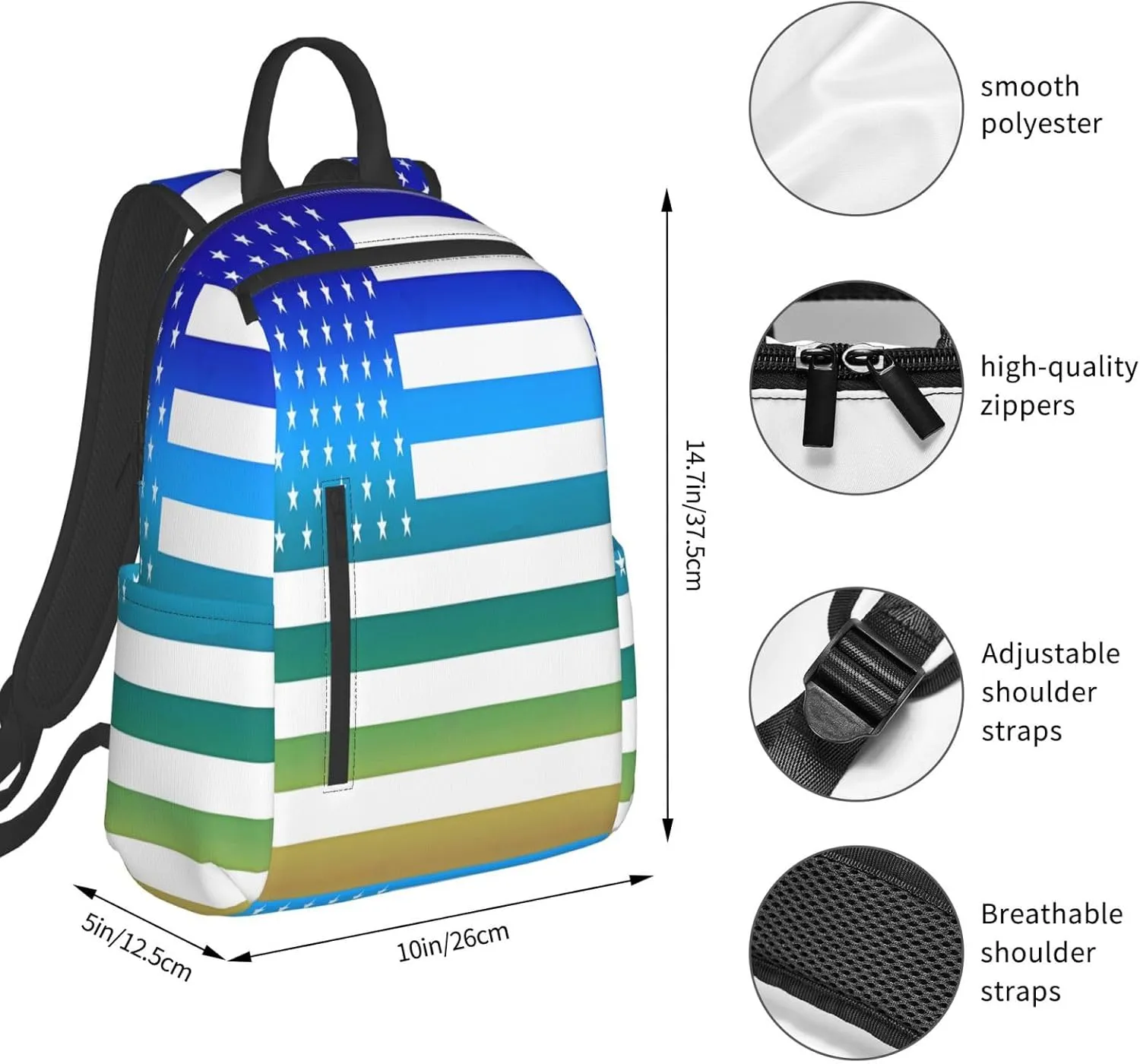 American Flag Blue Green Thin Line Casual Backpacks Laptop Backpack Outdoor Travel Rucksack Sport Carry-On Daypack Lightweight Bag with Multi-Pockets