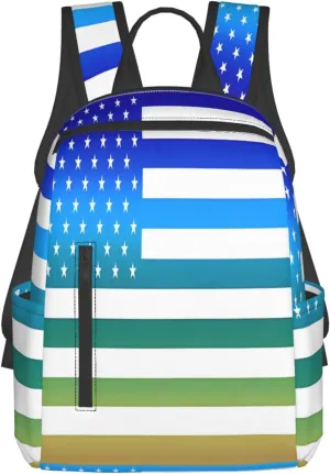 American Flag Blue Green Thin Line Casual Backpacks Laptop Backpack Outdoor Travel Rucksack Sport Carry-On Daypack Lightweight Bag with Multi-Pockets