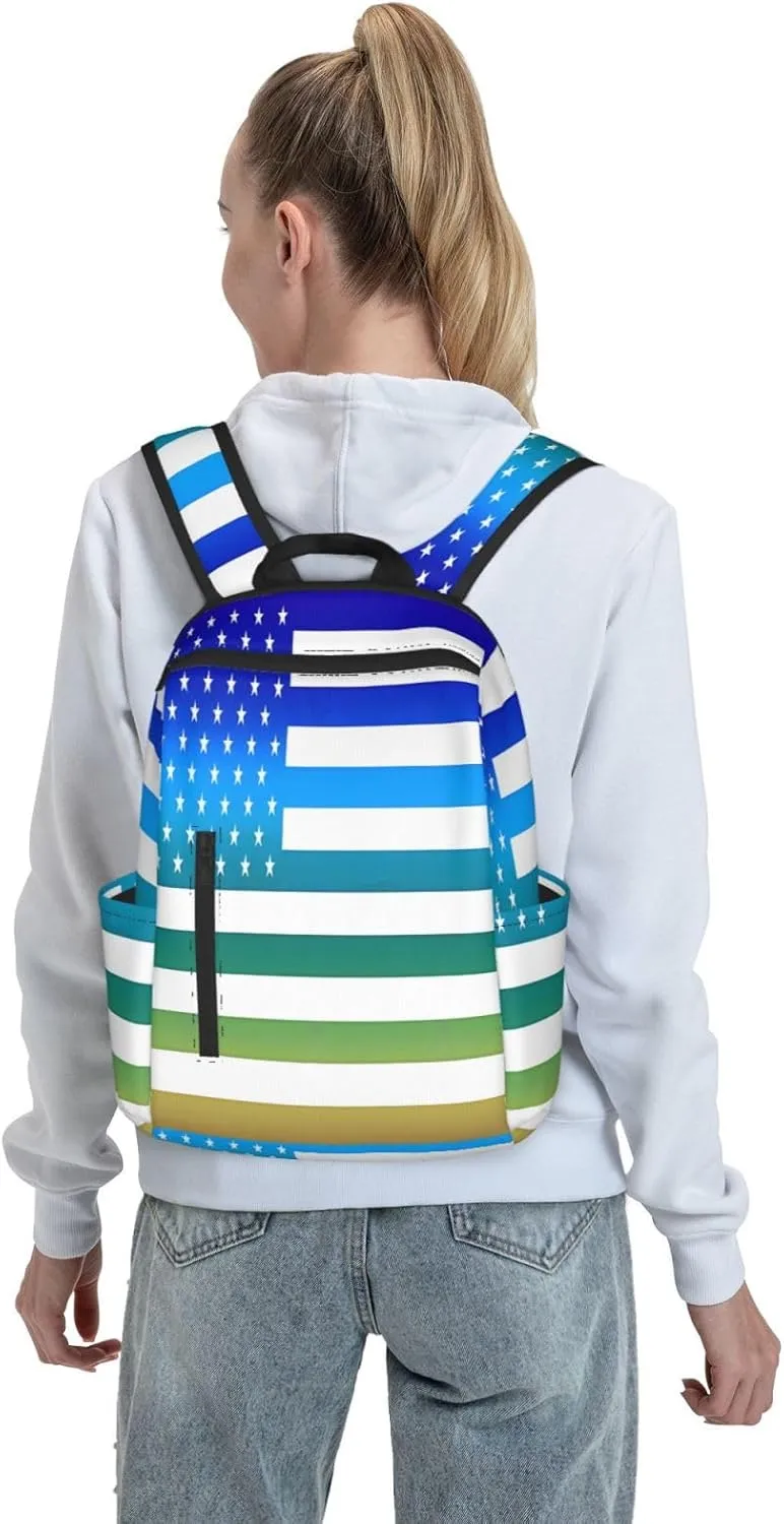 American Flag Blue Green Thin Line Casual Backpacks Laptop Backpack Outdoor Travel Rucksack Sport Carry-On Daypack Lightweight Bag with Multi-Pockets