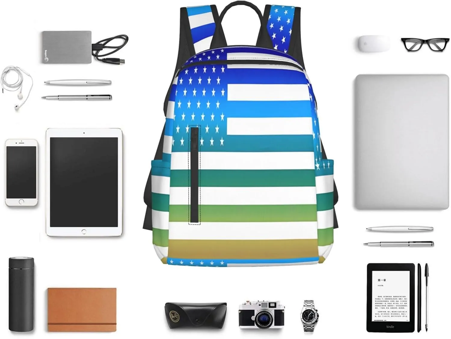 American Flag Blue Green Thin Line Casual Backpacks Laptop Backpack Outdoor Travel Rucksack Sport Carry-On Daypack Lightweight Bag with Multi-Pockets