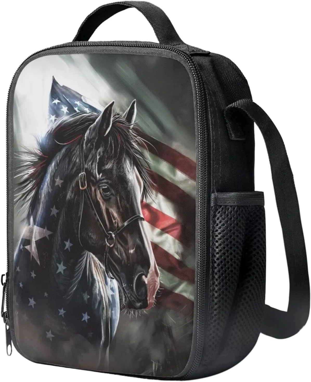 American Flag Horse Backpack for Boys Kids Backpack with Lunch Box and Soft Pencil Box 3PCS 17" Large Bookbag Set for School Teens Casual Daypack Backpacks Sturdy School Bag with Compartments