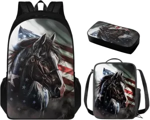 American Flag Horse Backpack for Boys Kids Backpack with Lunch Box and Soft Pencil Box 3PCS 17" Large Bookbag Set for School Teens Casual Daypack Backpacks Sturdy School Bag with Compartments