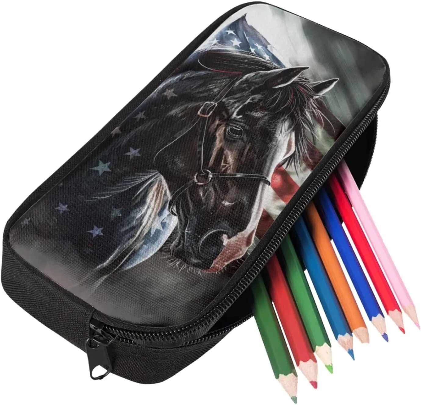 American Flag Horse Backpack for Boys Kids Backpack with Lunch Box and Soft Pencil Box 3PCS 17" Large Bookbag Set for School Teens Casual Daypack Backpacks Sturdy School Bag with Compartments