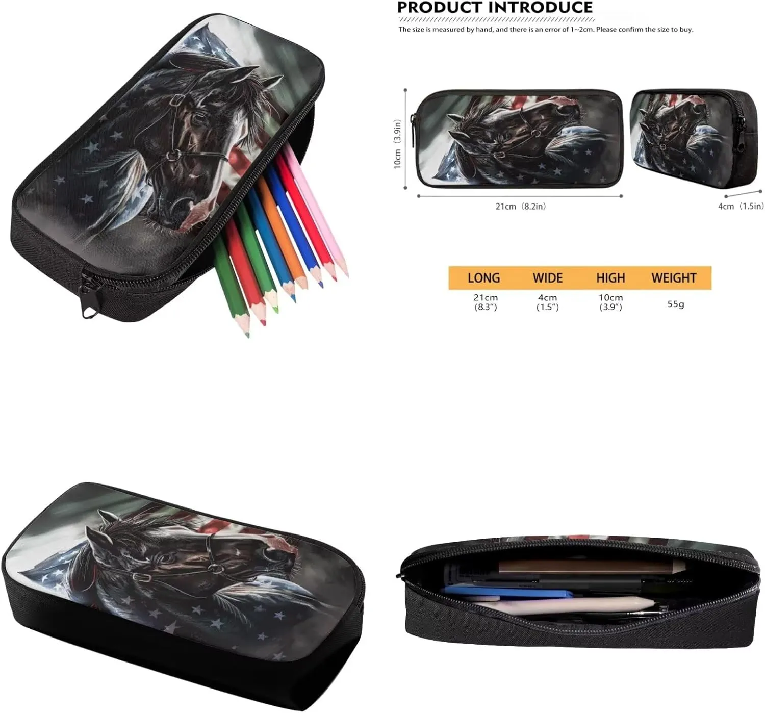 American Flag Horse Backpack for Boys Kids Backpack with Lunch Box and Soft Pencil Box 3PCS 17" Large Bookbag Set for School Teens Casual Daypack Backpacks Sturdy School Bag with Compartments