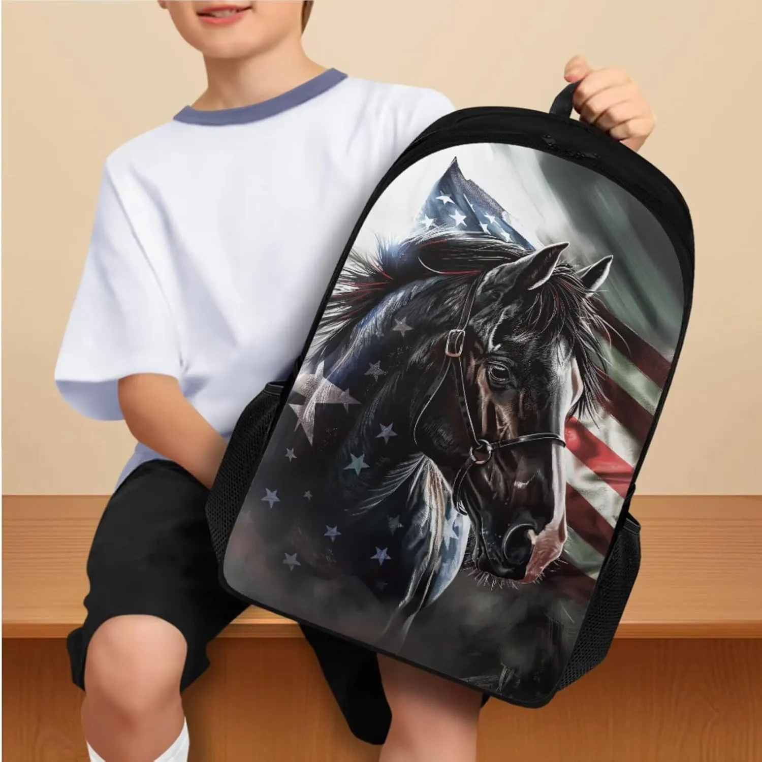 American Flag Horse Backpack for Boys Kids Backpack with Lunch Box and Soft Pencil Box 3PCS 17" Large Bookbag Set for School Teens Casual Daypack Backpacks Sturdy School Bag with Compartments
