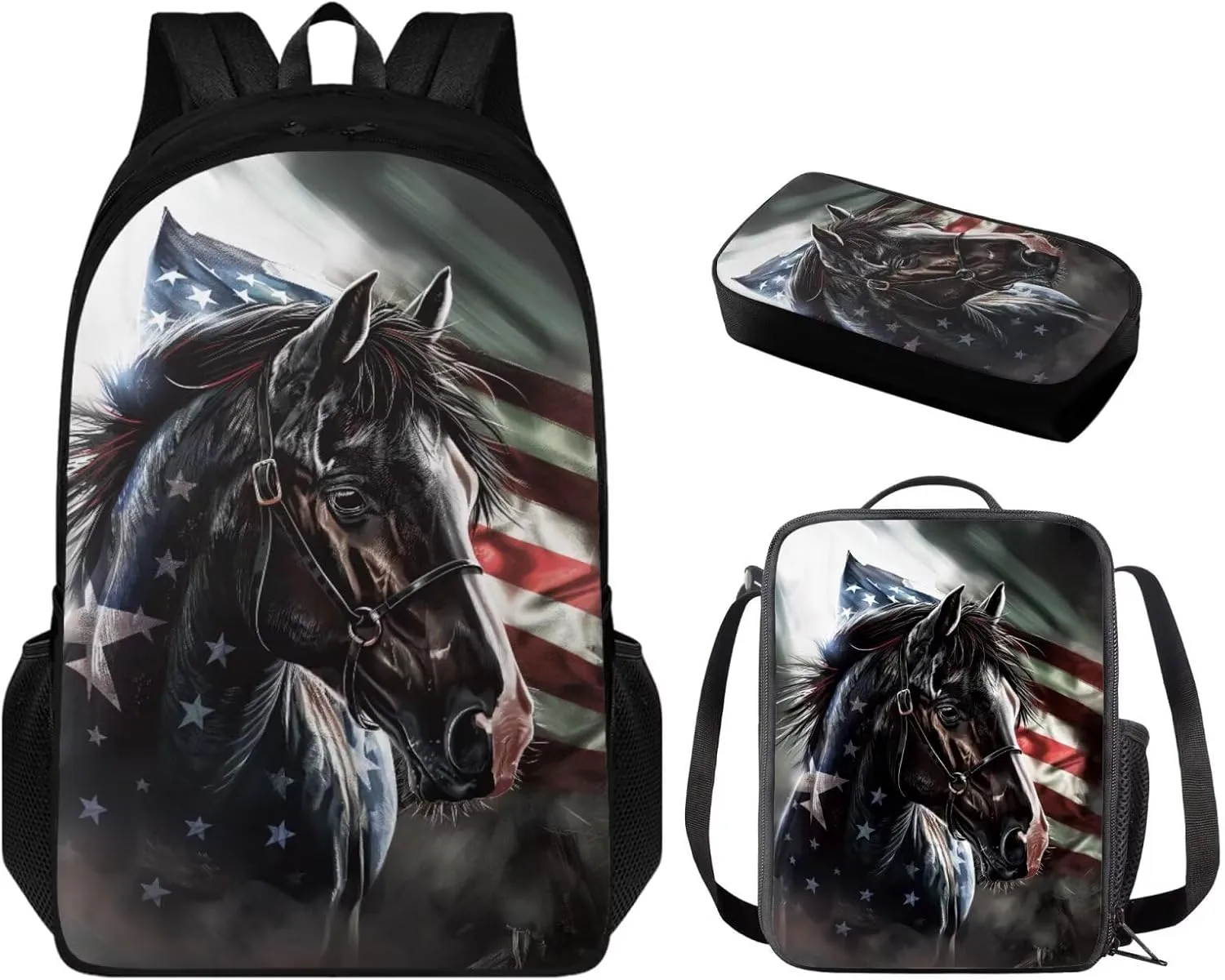American Flag Horse Backpack for Boys Kids Backpack with Lunch Box and Soft Pencil Box 3PCS 17" Large Bookbag Set for School Teens Casual Daypack Backpacks Sturdy School Bag with Compartments