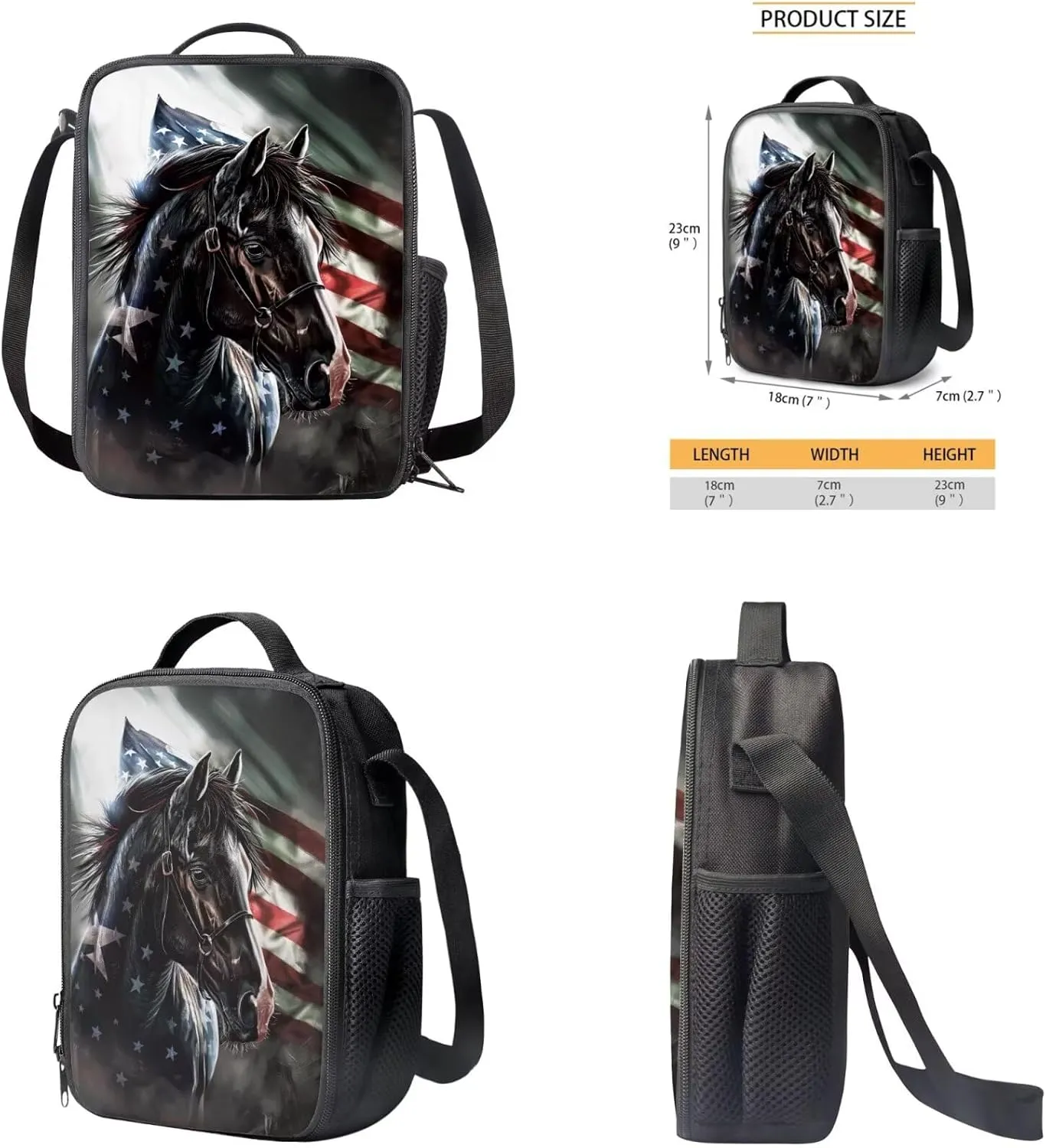 American Flag Horse Backpack for Boys Kids Backpack with Lunch Box and Soft Pencil Box 3PCS 17" Large Bookbag Set for School Teens Casual Daypack Backpacks Sturdy School Bag with Compartments