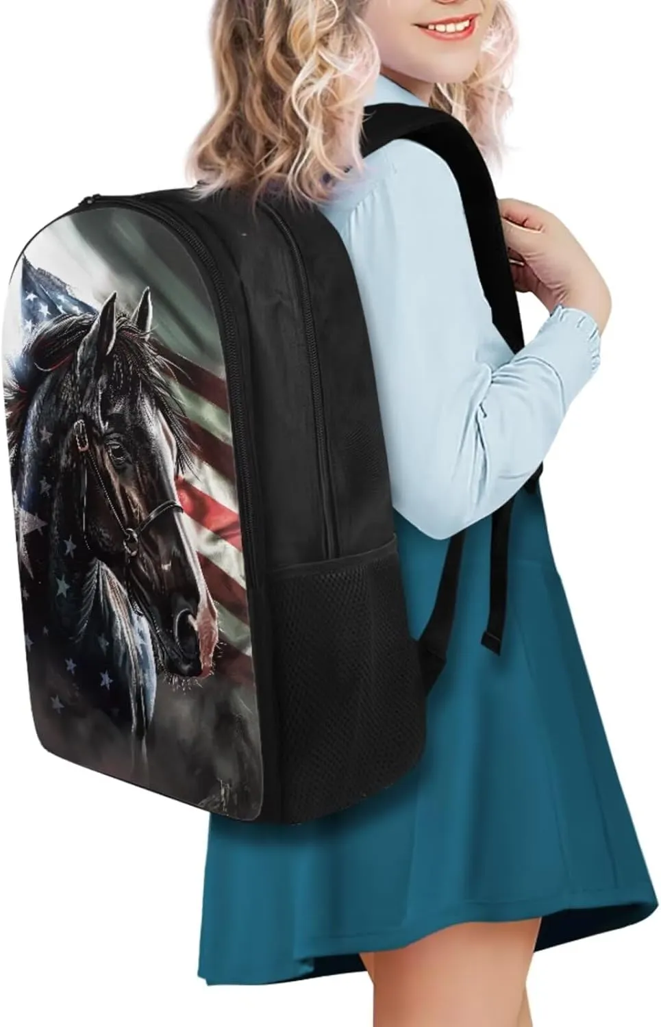 American Flag Horse Backpack for Boys Kids Backpack with Lunch Box and Soft Pencil Box 3PCS 17" Large Bookbag Set for School Teens Casual Daypack Backpacks Sturdy School Bag with Compartments