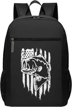 American Flag Largemouth Bass Fish Fishing Travel Laptop Backpack, Business Anti Theft Slim Sturdy Laptops Backpacks, College Computer Bag Gift for Men & Women Fits 17 Inch Notebook,Black