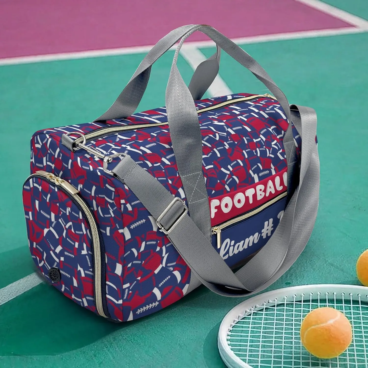American Football Navy Red Waterproof Duffel Bag Adjustable Shoulder Strap Perform Training Travel Bag for Teens Adults