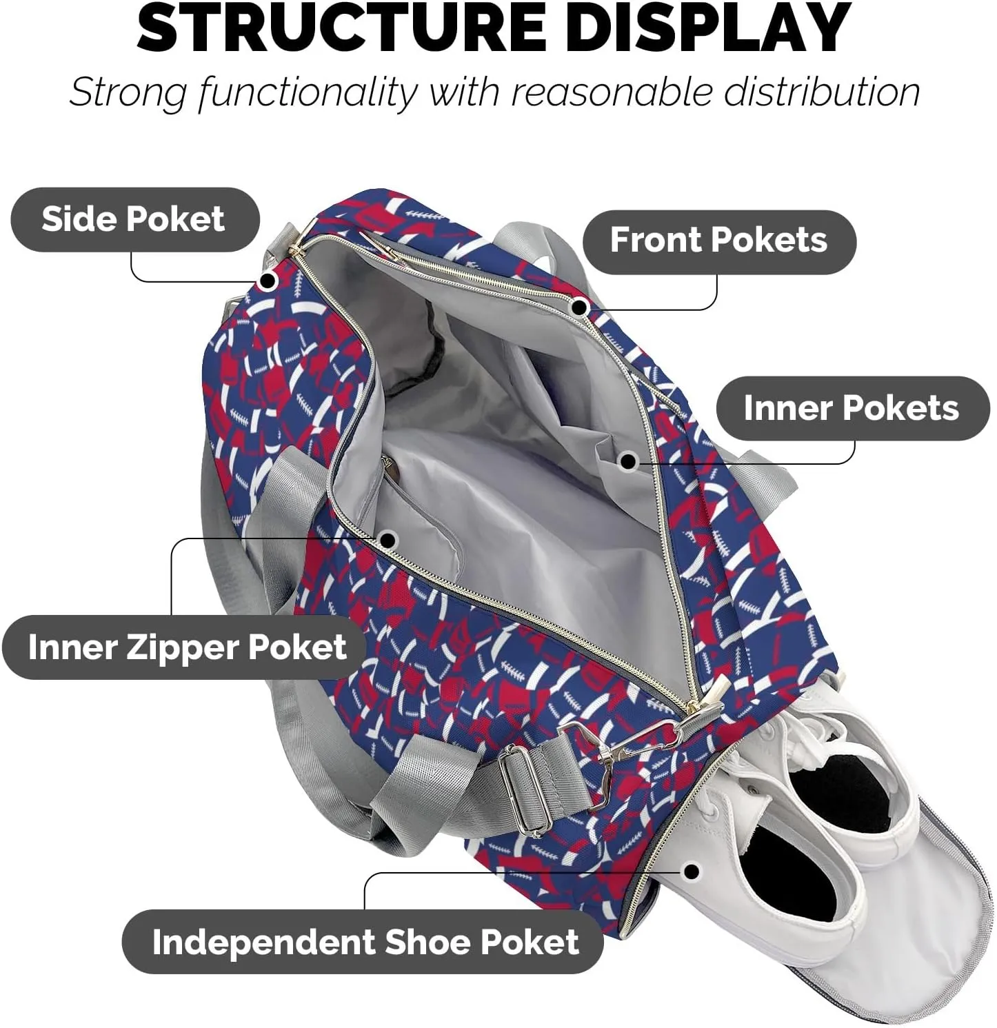 American Football Navy Red Waterproof Duffel Bag Adjustable Shoulder Strap Perform Training Travel Bag for Teens Adults